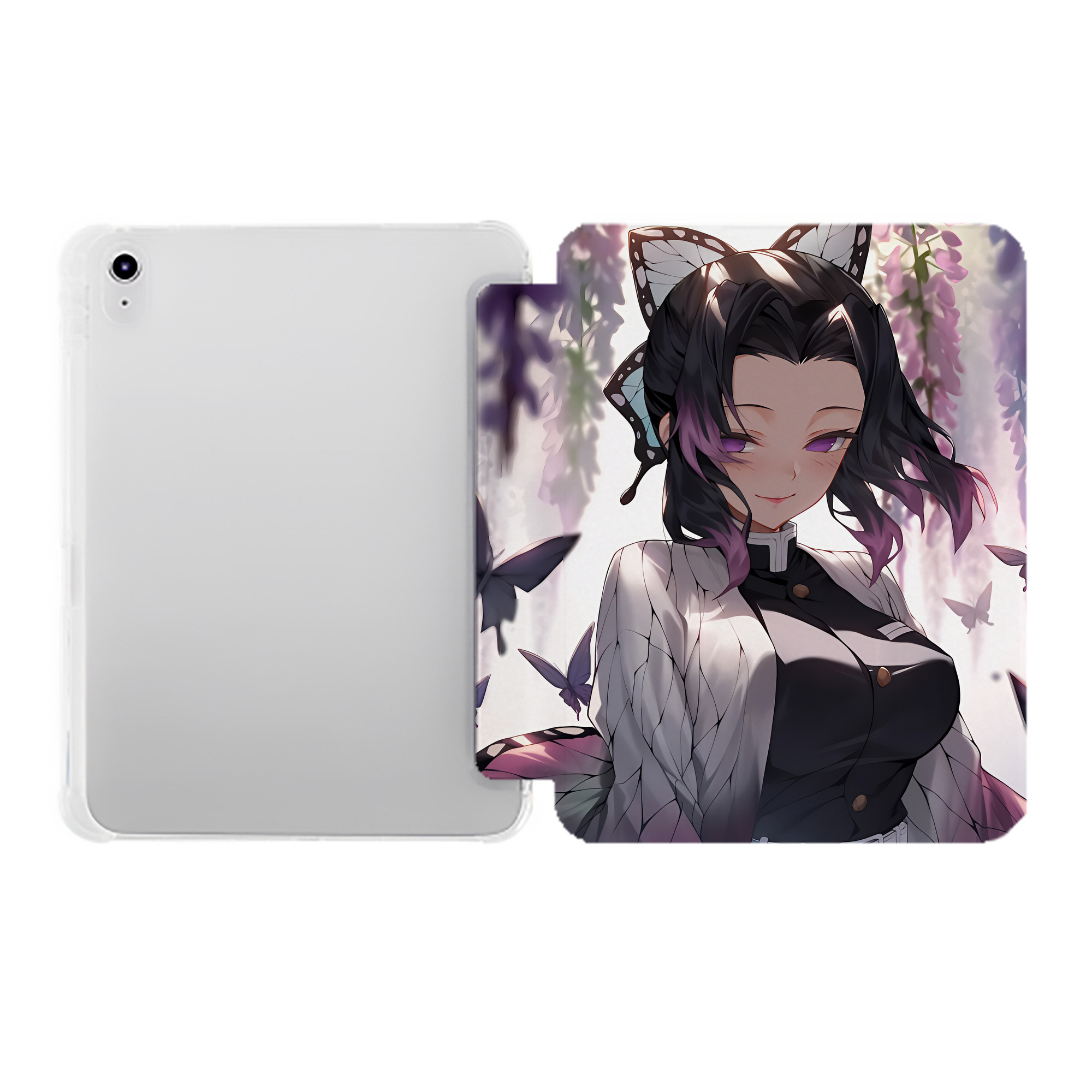 （画像用） 鬼滅の刃（きめつのやいば）蟲柱-胡蝶 しのぶ／こちょう しのぶ Kochou Shinobu IPad ケース ペン収納付き 三つ折りスタンド PUレザー×シリコン 対応機種9.5/10.5/10.9インチ